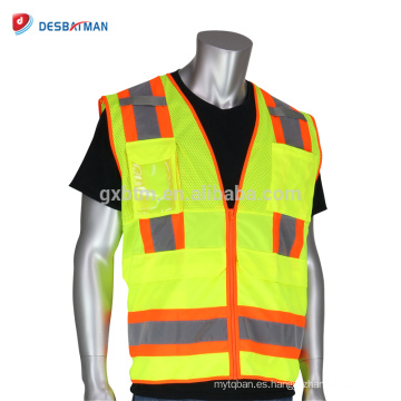 Chaleco tecnológico ANSI clase 2 Topógrafo amarillo chaqueta de trabajo alta seguridad Hi Viz Workwear con tira reflectante y bolsillos de dos tonos